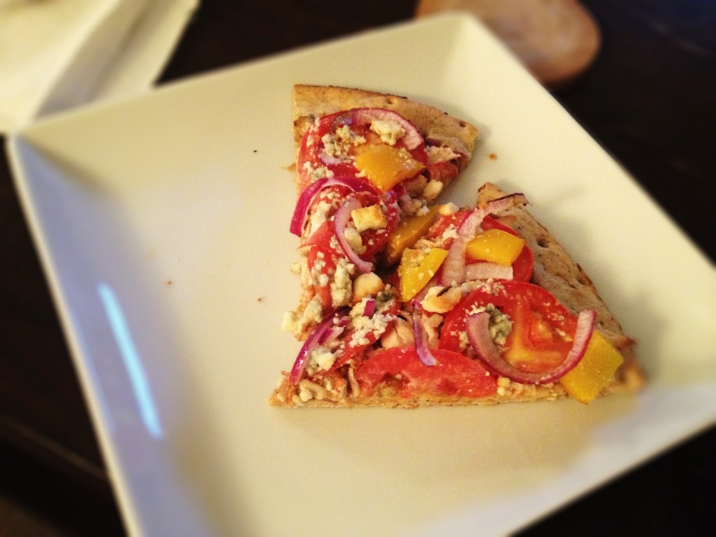 BBQ chicken pizza on whole wheat crust with fresh veggies