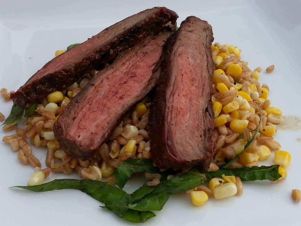 Grilled Flank Steak with Corn and Basil Farro Salad | www.mybaconwrappedlife.com