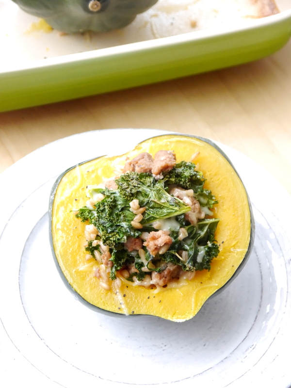 spicy sausage, kale, and farro-stuffed roasted acorn squash // my bacon-wrapped life