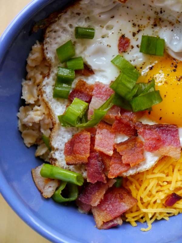 savory oatmeal breakfast bowls with crispy eggs, bacon, and scallions // my bacon-wrapped life