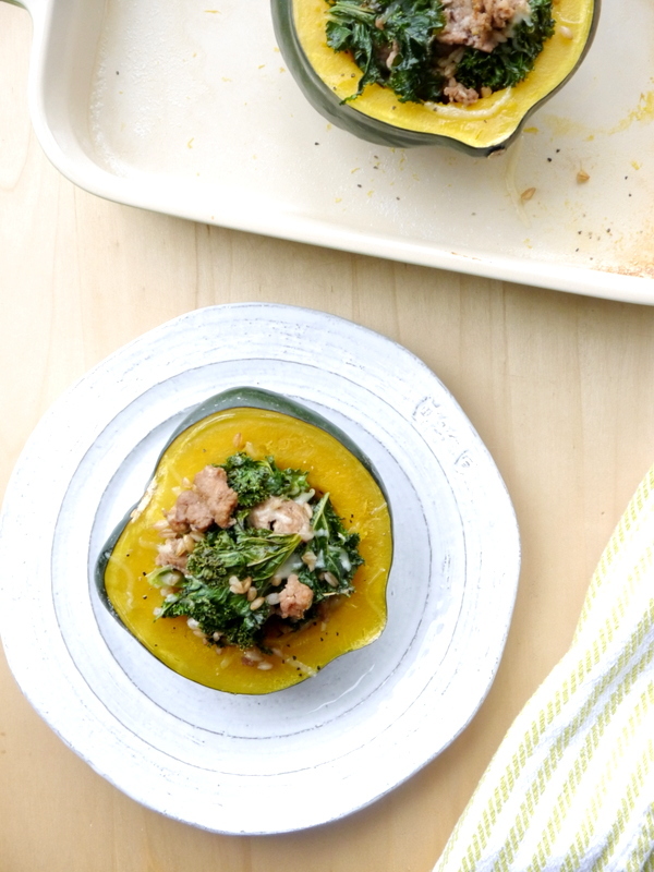 spicy sausage, kale, and farro-stuffed roasted acorn squash // my bacon-wrapped life