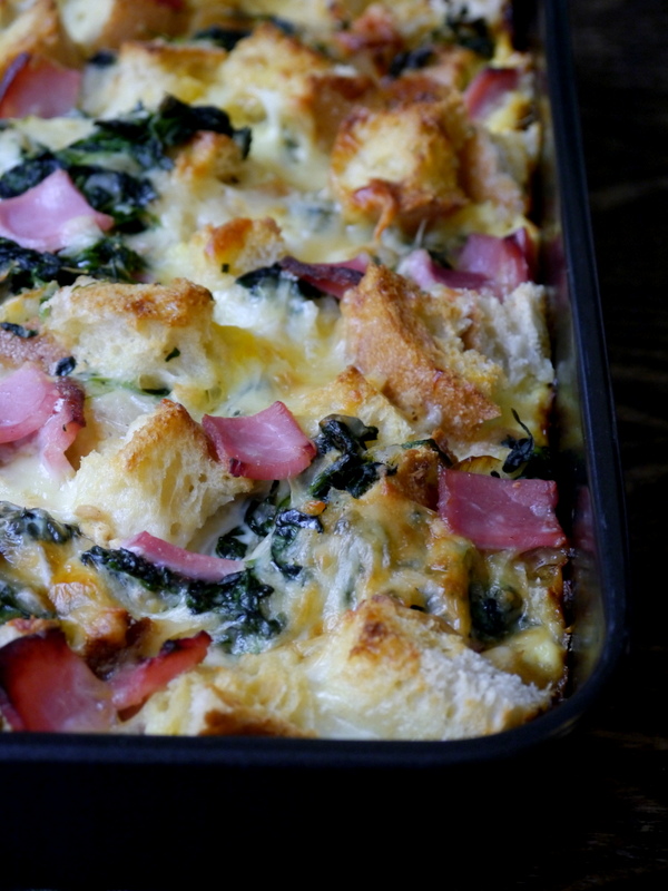 ham, gruyere, and spinach strata // my bacon-wrapped life