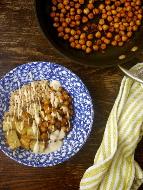 israeli couscous bowls with za'atar roasted sweet potatoes, crispy chickpeas, and maple-tahini drizzle // my bacon-wrapped life