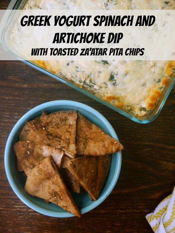 greek yogurt spinach and artichoke dip with toasted za'atar pita chips // my bacon-wrapped life