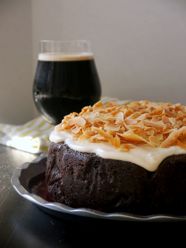 guinness chocolate cake with toasted coconut cream cheese frosting // my bacon-wrapped life