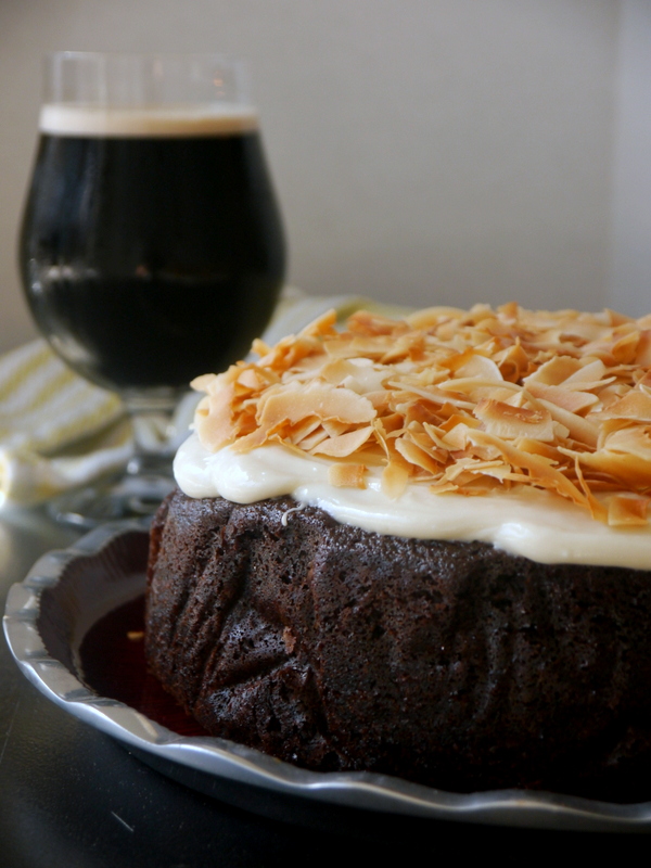 guinness chocolate cake with toasted coconut cream cheese frosting // my bacon-wrapped life