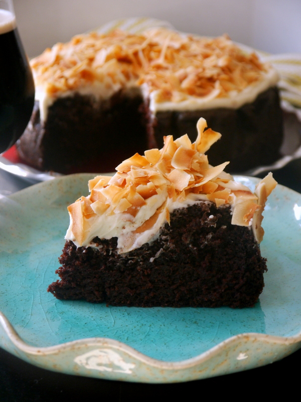 guinness chocolate cake with toasted coconut cream cheese frosting // my bacon-wrapped life