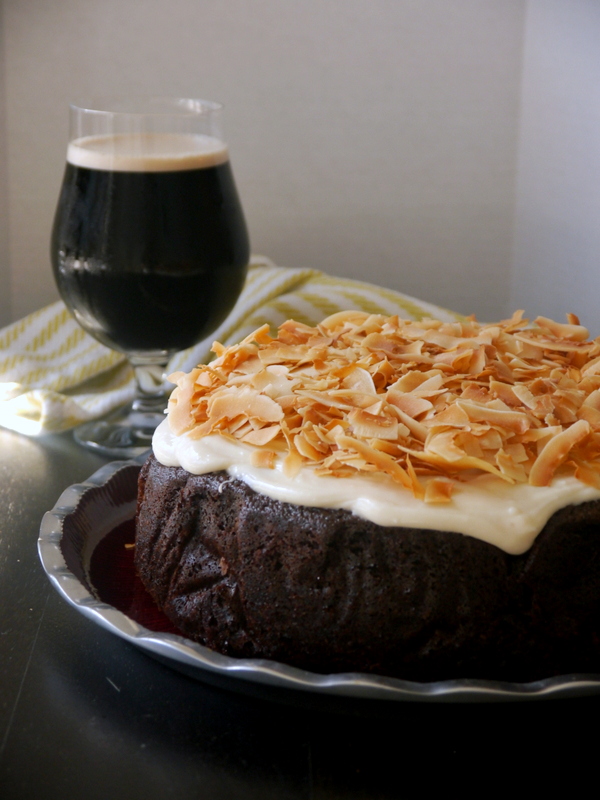 guinness chocolate cake with toasted coconut cream cheese frosting // my bacon-wrapped life