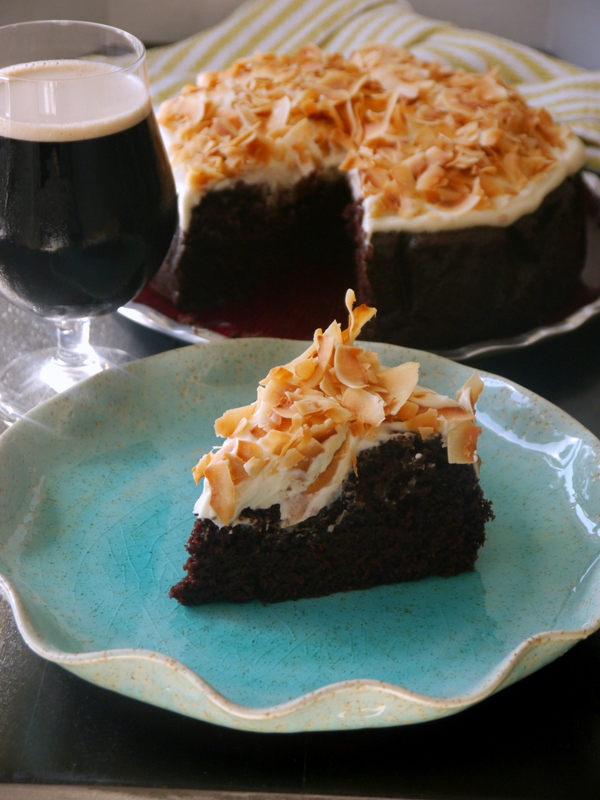 guinness chocolate cake with toasted coconut cream cheese frosting // my bacon-wrapped life