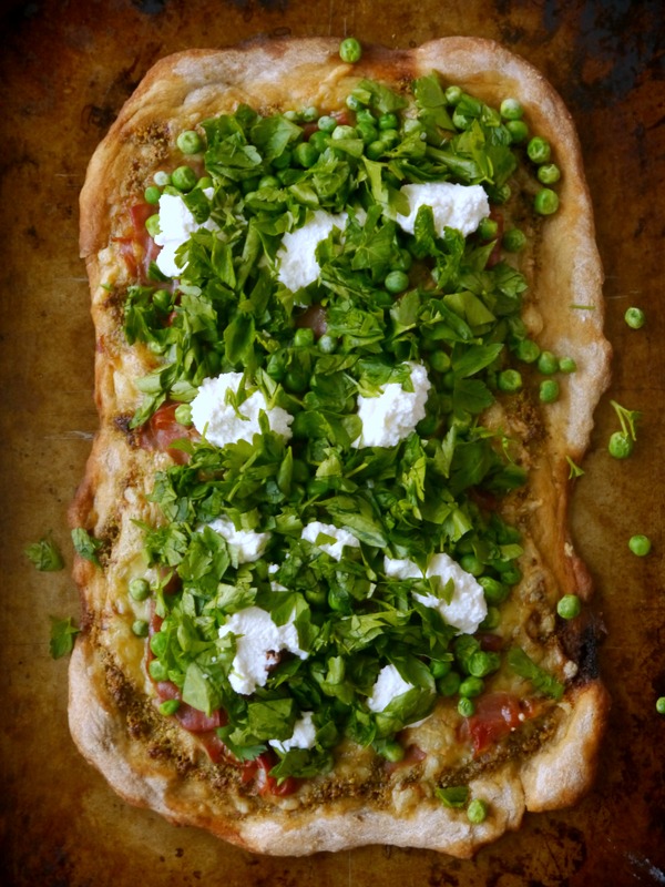 pea, prosciutto, and pistachio pesto pizza // my bacon-wrapped life